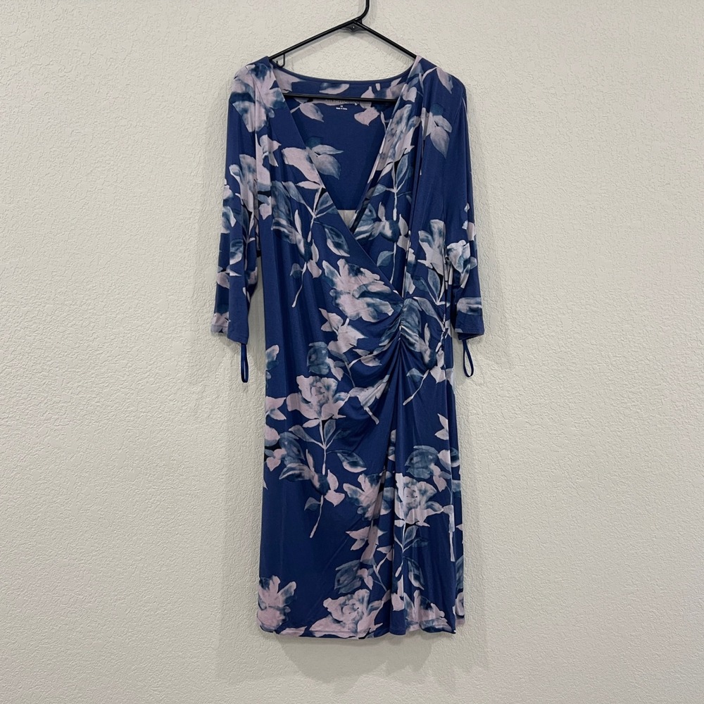 Soft Surroundings Shapely Anywhere Dress Womens 1X Blue Floral Faux Wrap Ruched